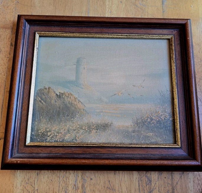 Schilderij met vuurtoren en vogels, gesigneerd 'J. Kok '91', Ophalen of Verzenden