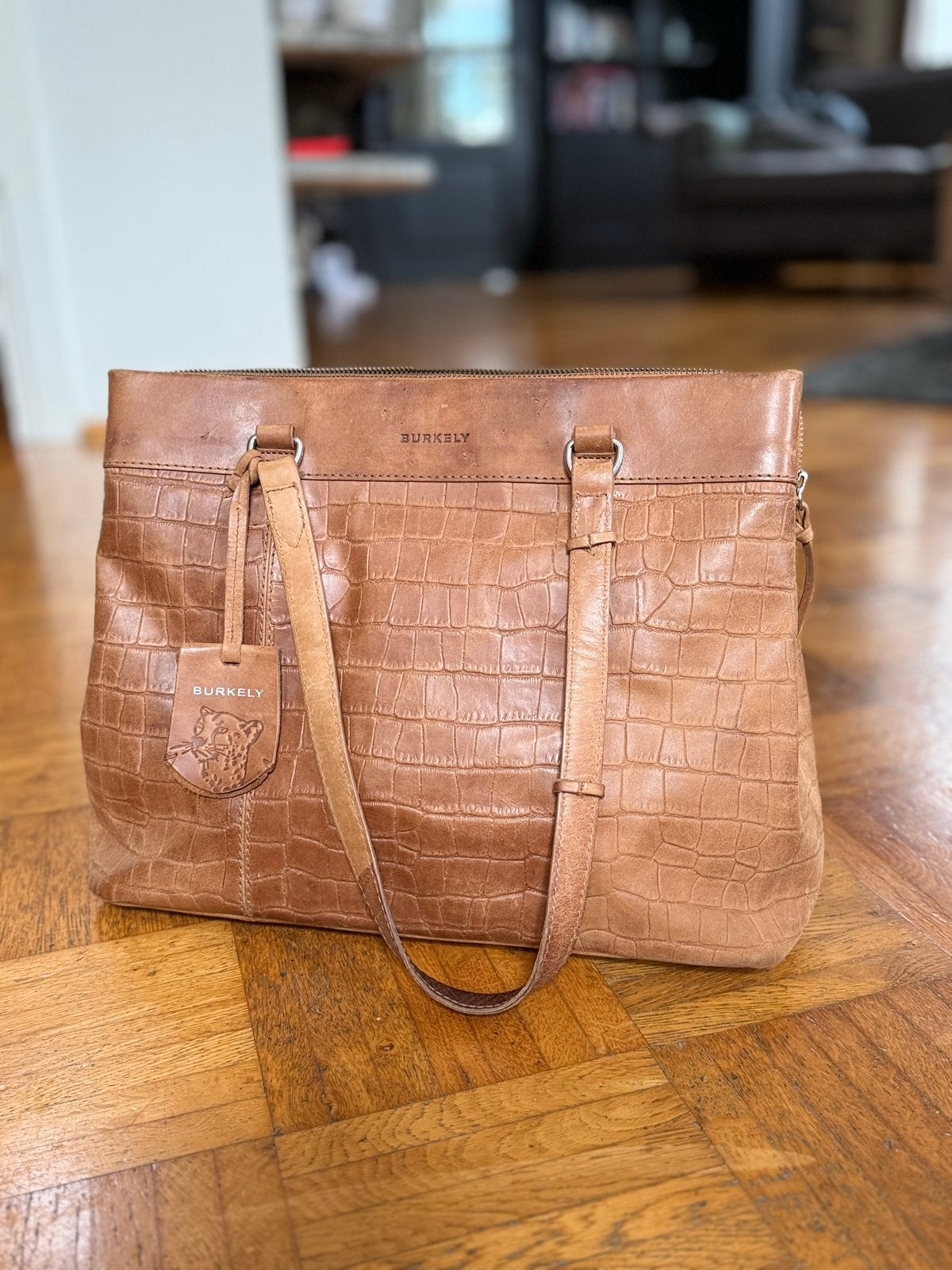 Burkely leren handtas laptoptas werktas met krokodillenprint, Ophalen of Verzenden, Gebruikt, Bruin, Handtas