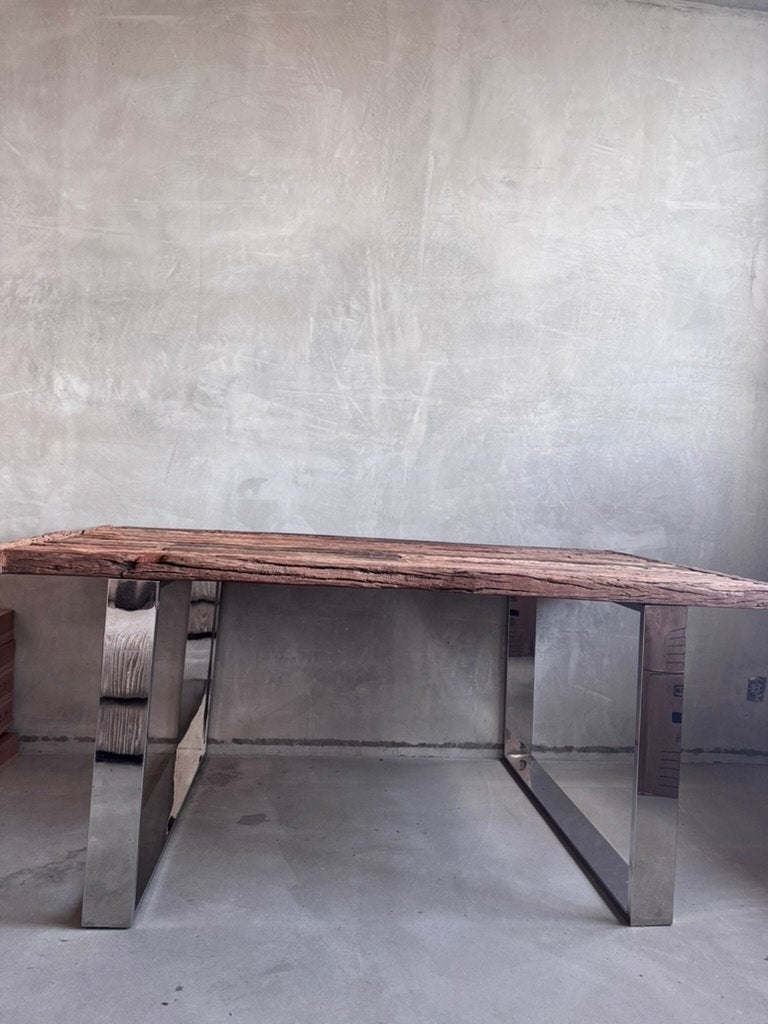 Industriële Eettafel Dik Houten Blad | RVS|Hout Design Tafel, Huis en Inrichting, Ophalen, Gebruikt, 200 cm of meer, Teakhout