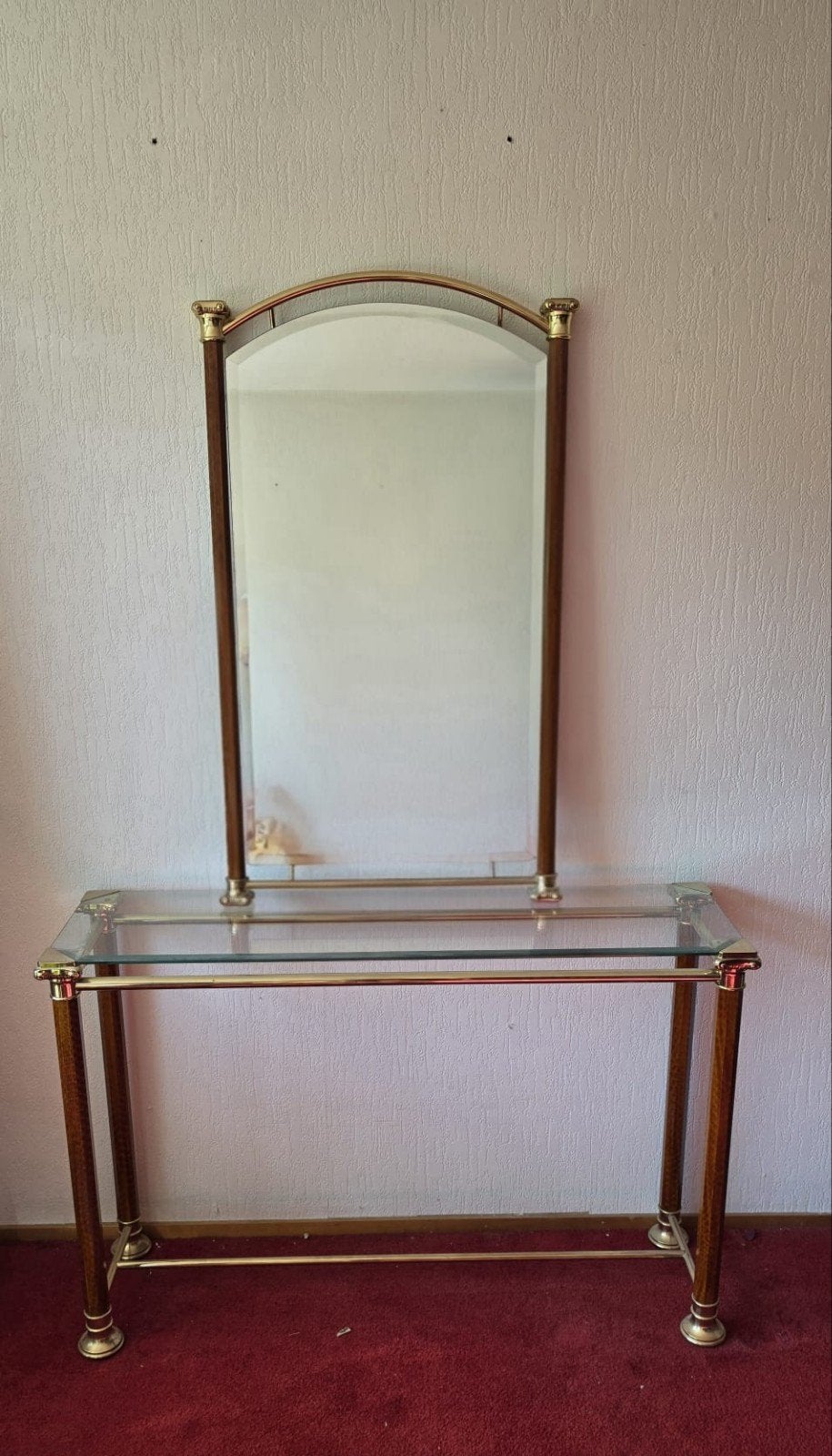 Vintage spiegel met console en glazen bijzettafel, Antiek en Kunst, Ophalen, Rechthoekig, Minder dan 50 cm