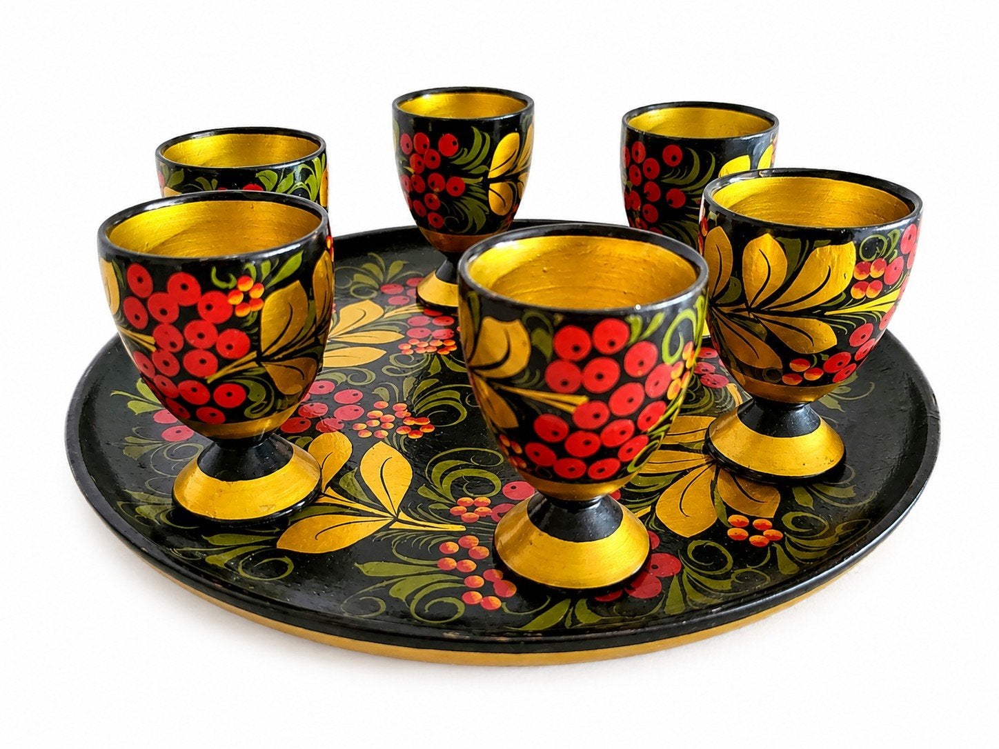 Traditionele Russische Khokhloma serveerset, Ophalen of Verzenden, Zo goed als nieuw, Borrel- of Shotglas