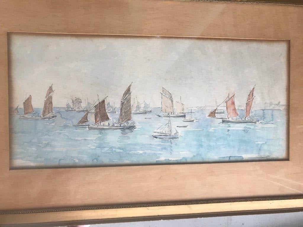 aquarel maritiem schepen wj dijk caneale vindersvloot, Ophalen of Verzenden