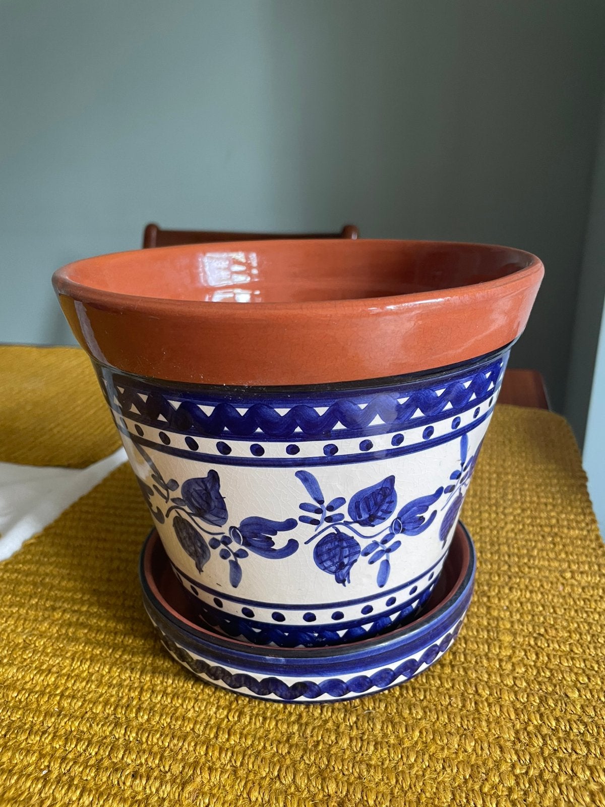 Portugese geglazuurde bloempot – Mediterrane vintage stijl, Ophalen of Verzenden