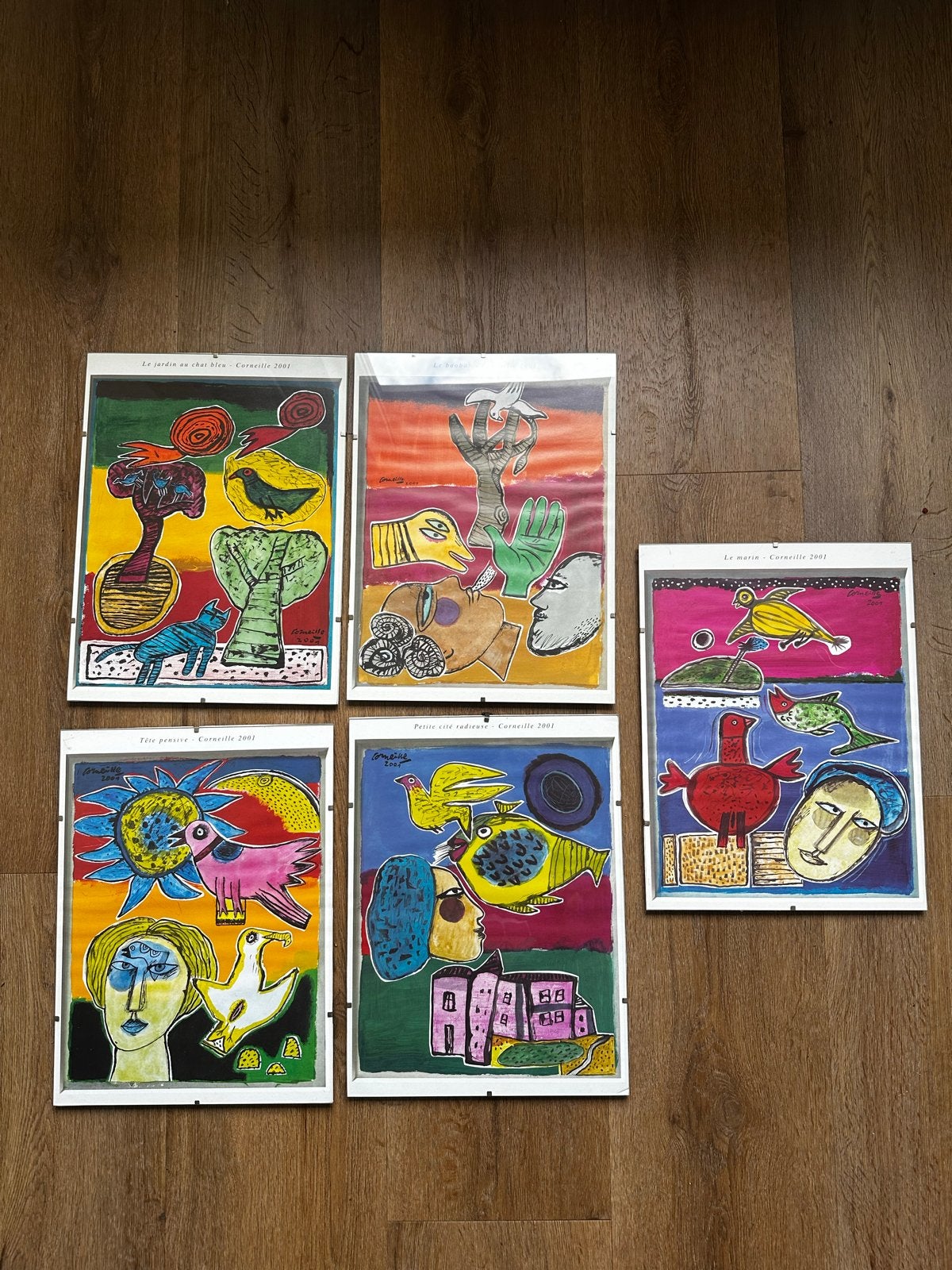 Set van 5 Corneille prints uit 2001, Overig onderwerp, Papier/karton, Ophalen of Verzenden, Ingelijst