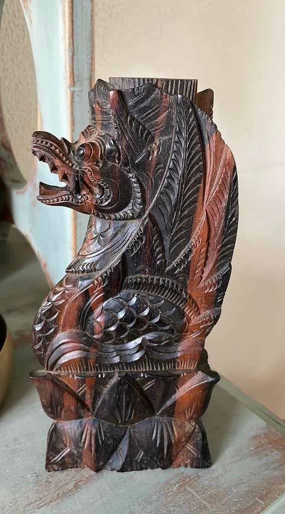 Prachtige houten draak kandelaar God Garuda, Antiek en Kunst, Kunst | Beelden en Houtsnijwerken, Ophalen of Verzenden
