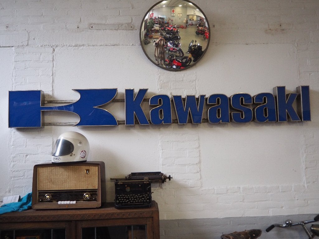 Net Kawasaki dealerbord lichtbak reclamebord, 80er jaren, Ophalen, Gebruikt, Lichtbak of (neon) lamp