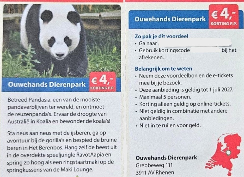Ouwehands Dierenpark € 4,- korting p.p, Tickets en Kaartjes, Drie personen of meer, Kortingskaart