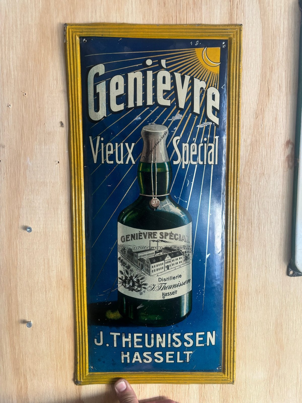 Origineel blikken reclamebord Genièvre J. Theunissen Hasselt, Ophalen of Verzenden