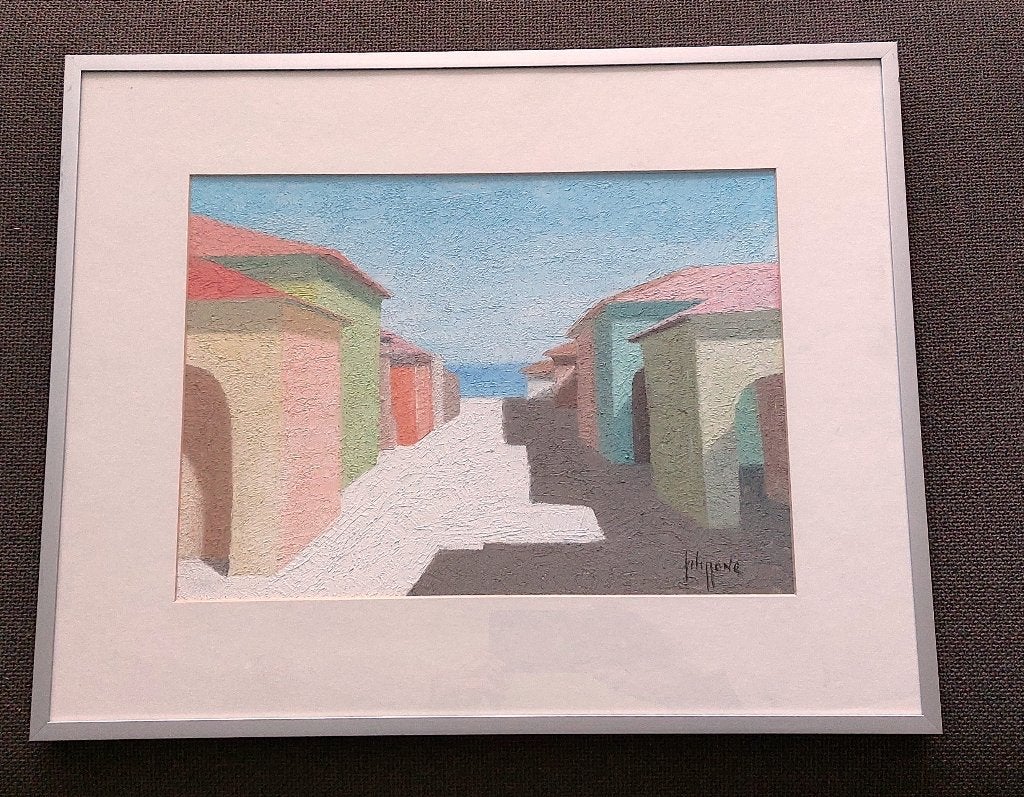 Pino Filippone   1937-   ''strandhuisjes'', Antiek en Kunst, Overig onderwerp, Passe-partout, Ophalen of Verzenden, Gemengde techniek