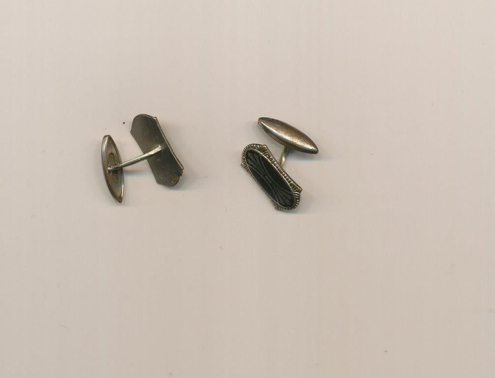Vintage Art Deco Manchetknopen Zwart Emaille & Zilverkleur, Sieraden, Tassen en Uiterlijk, Manchetknopen, Verzenden, Gebruikt