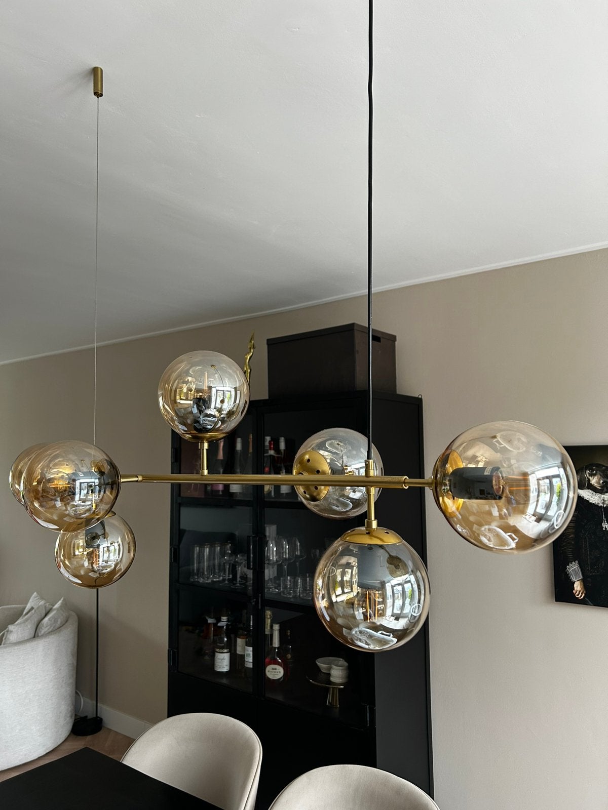 Hanglamp messing glazen bollen, Huis en Inrichting, Lampen | Hanglampen, Ophalen, Zo goed als nieuw, Glas, 75 cm of meer