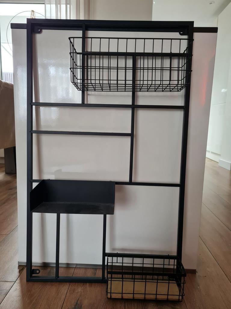 Zwart metalen wandrek 90x55 cm met hangrekjes, Ophalen