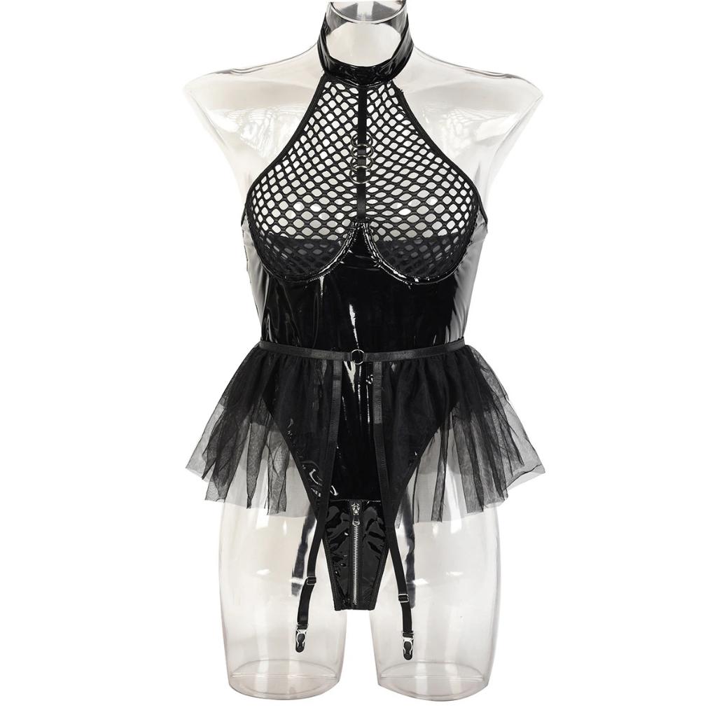 Zwarte dames body jurkje / sexy lingerie kostuum wetlook, Verzenden, Zwart, Body of Korset