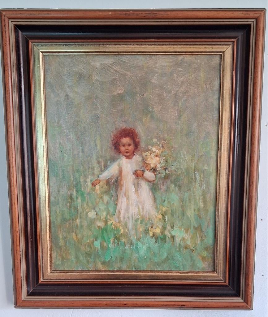 Meisje in bloemenweide.  Sign. 34/40 cm., Ophalen, Minder dan 50 cm, Oorspronkelijke maker, Zo goed als nieuw