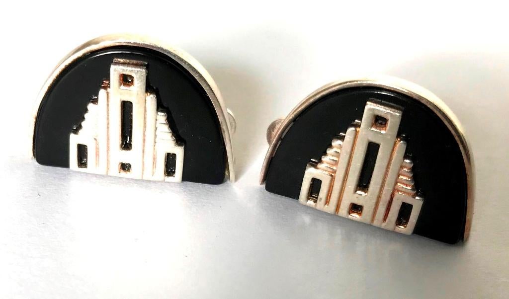 925 zilveren Art Deco by E. Koller oorclips oorbellen Onyx, Ophalen, Zilver, Oorbellen, Met edelsteen