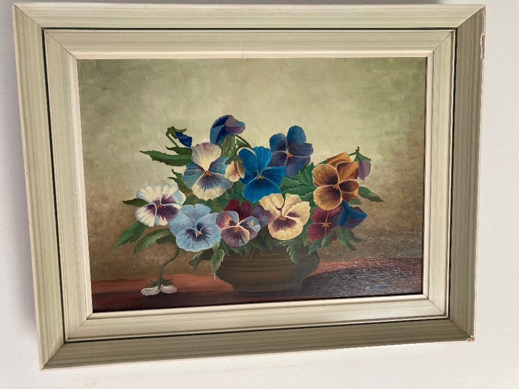 Piet in ‘t Hout olieverfschilderij Viooltjes, Antiek en Kunst, Bloemen, Handgeschilderd, Overige ondergronden, Ophalen of Verzenden