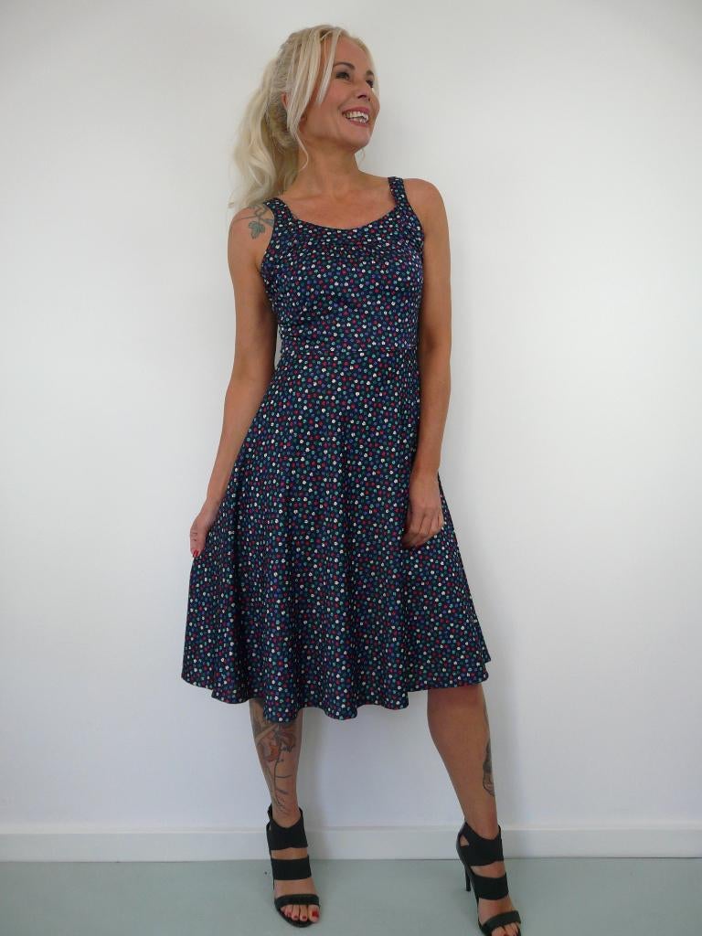 *Abfab Vintage Donkerblauwe 70's Jurk met Print 38*, Maat 38/40 (M), Blauw, Ophalen of Verzenden, Zo goed als nieuw