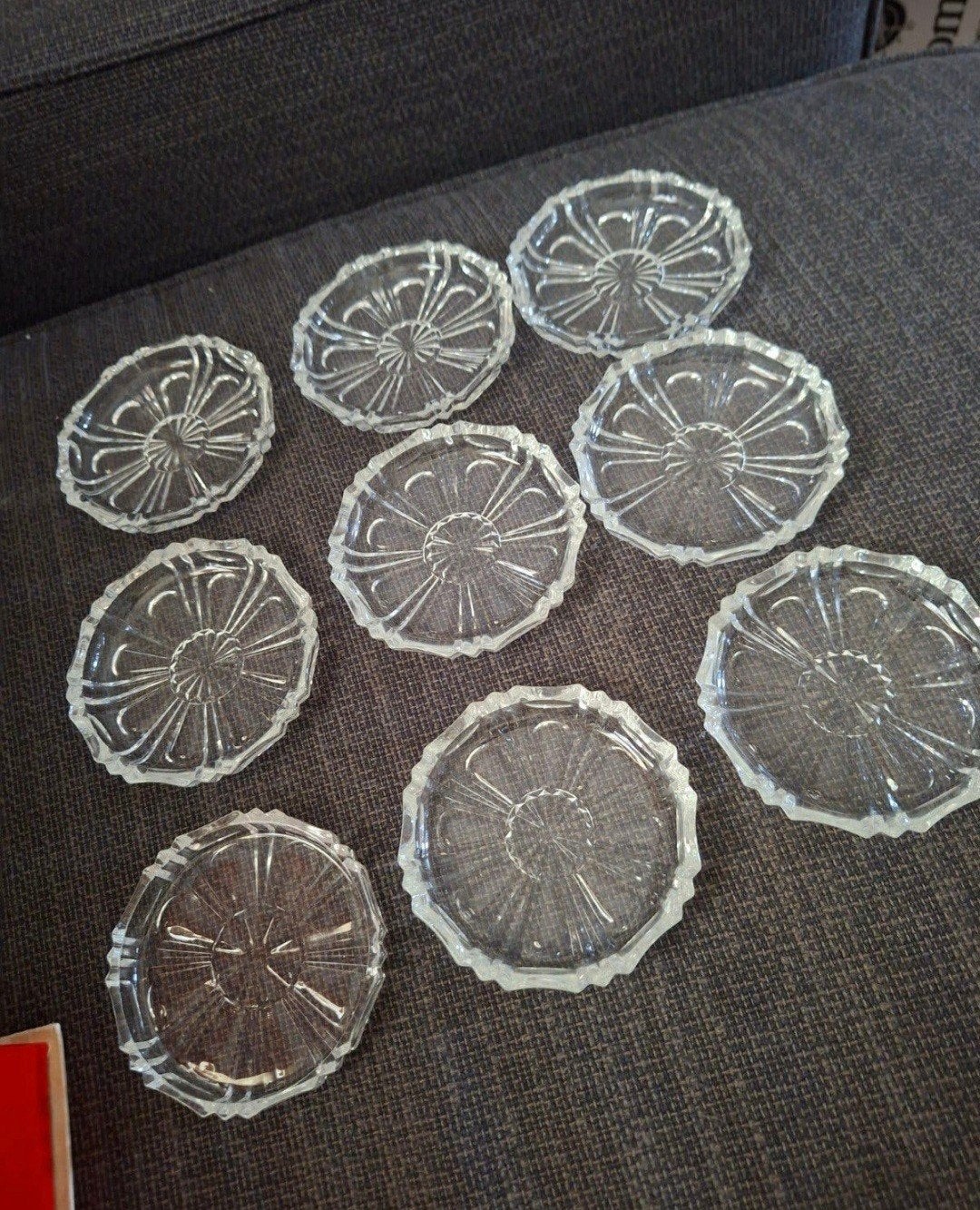 9 Vintage Glazen Onderzetters Jaren '60/'70, Huis en Inrichting, Gebruikt, Glasonderzetter, Ophalen of Verzenden, Met houder