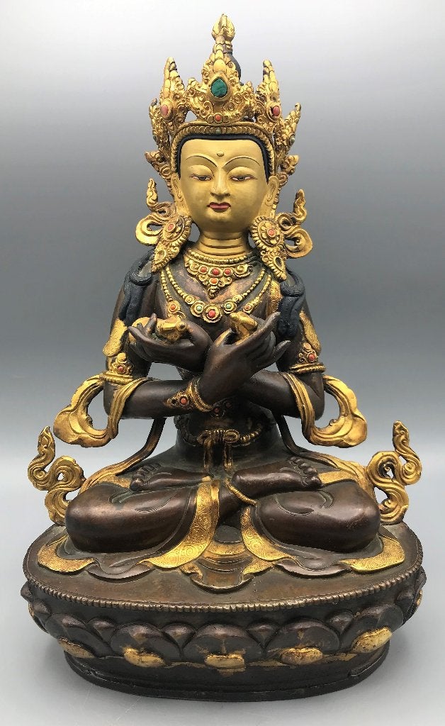 Vajradhara boeddha beeld Tibet Brons Goldface 32 cm, Gebruikt, Handgemaakt, Ophalen of Verzenden, Nvt