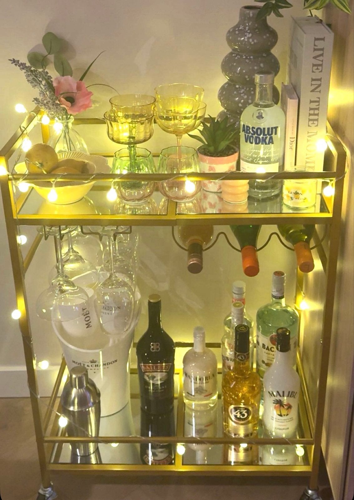 GRATIS Gouden Barcart met Spiegelbladen en Wijnrek, Ophalen, Zo goed als nieuw, Goud, Metaal
