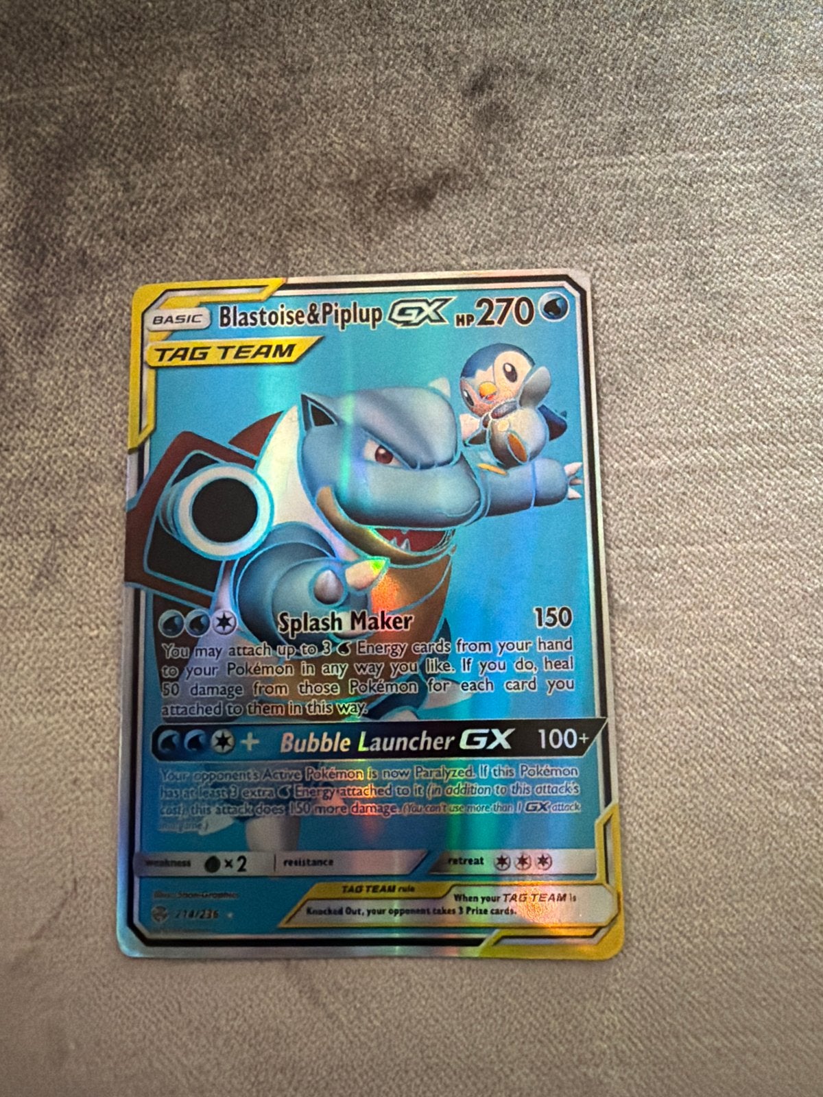 Blastoise & Piplup GX TAG TEAM Pokémon kaart, Ophalen, Zo goed als nieuw, Losse kaart, Foil