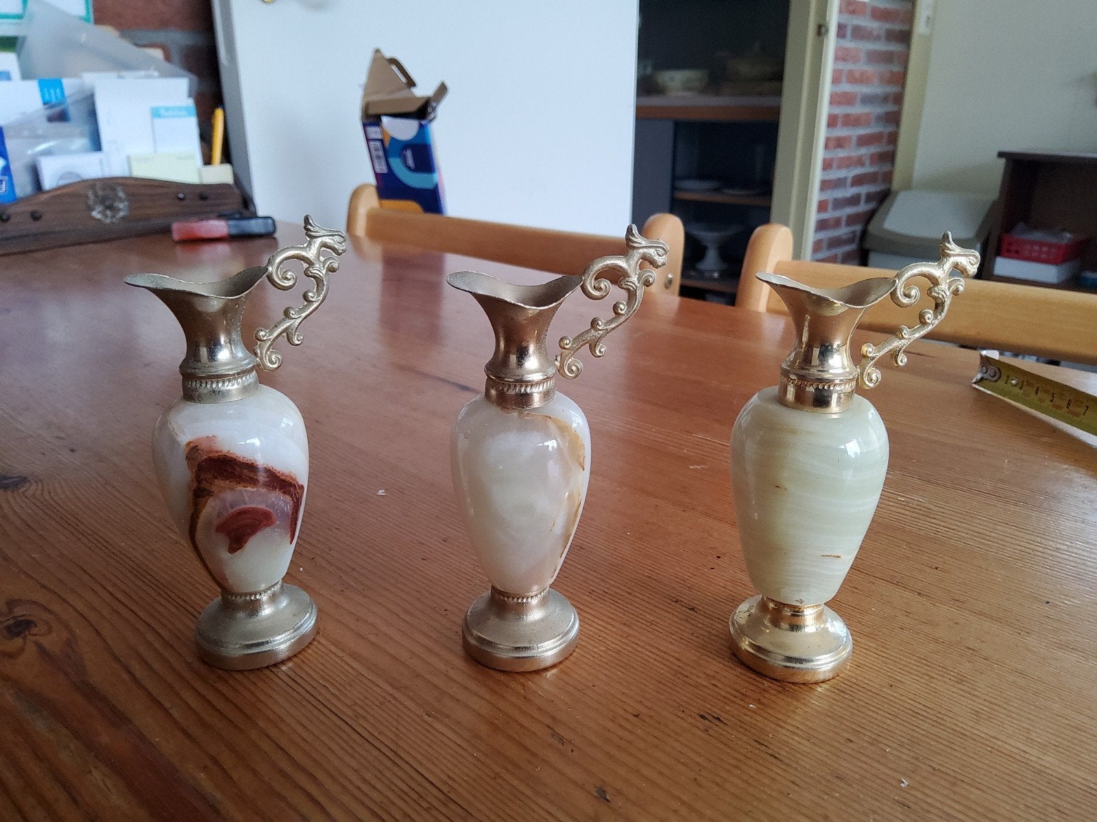 Set van 3 Vintage Onyx en Messing Miniatuur Kannetjes, Ophalen of Verzenden