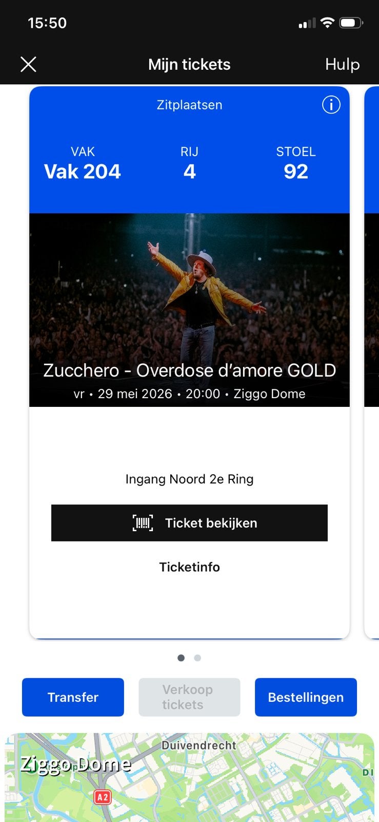 Twee tickets Zucchero Ziggo Dome €25, Twee personen