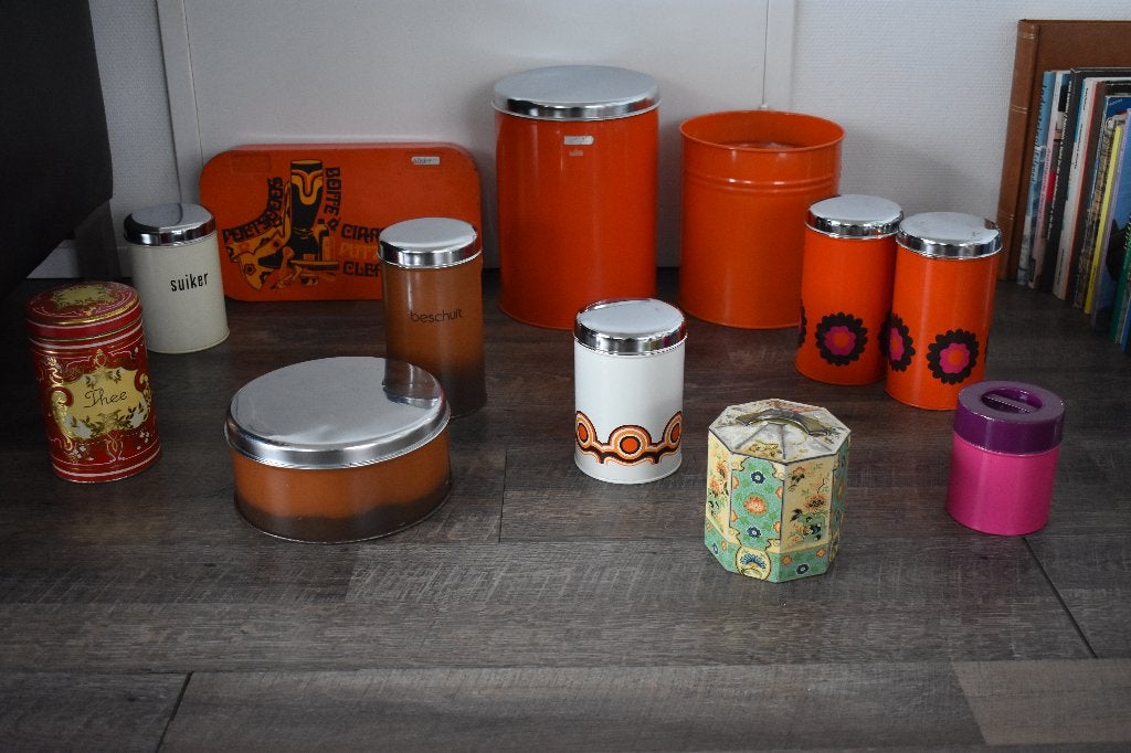 Retro blikken groot klein beschuit oranje prullenmand schoen, Verzamelen, Blikken, Ophalen of Verzenden, Gebruikt, Overige