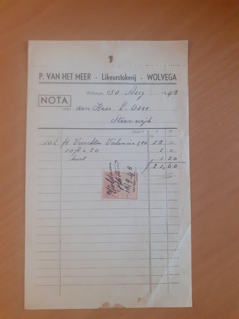 Wolvega distilleerderij P. van het Meer factuur 1948  likeur, Verzamelen, Ophalen of Verzenden, Zo goed als nieuw, Overige typen