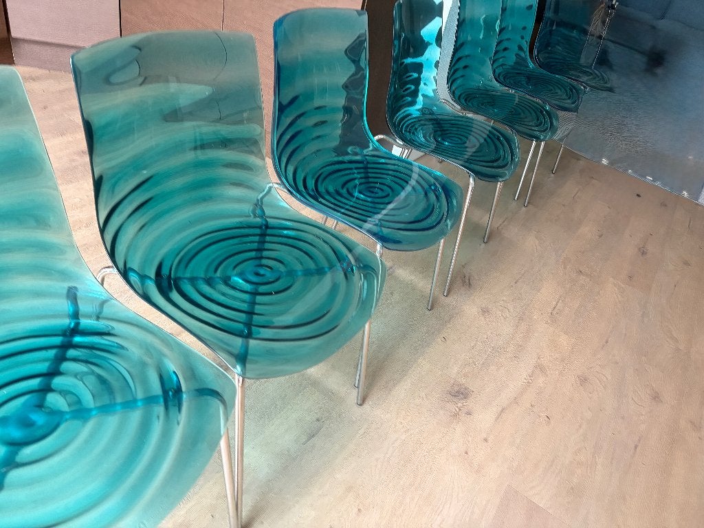 Set 7 Eetkamerstoelen van Calligaris, transparant turquoise, Ophalen, Kunststof, Gebruikt, Blauw