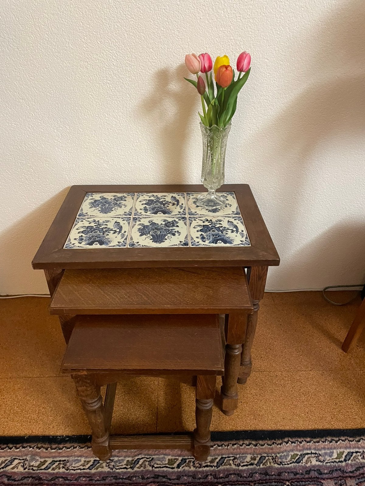 Leuke vintage retro mimiset bijzettafeltjes Delfts blauw, Ophalen of Verzenden