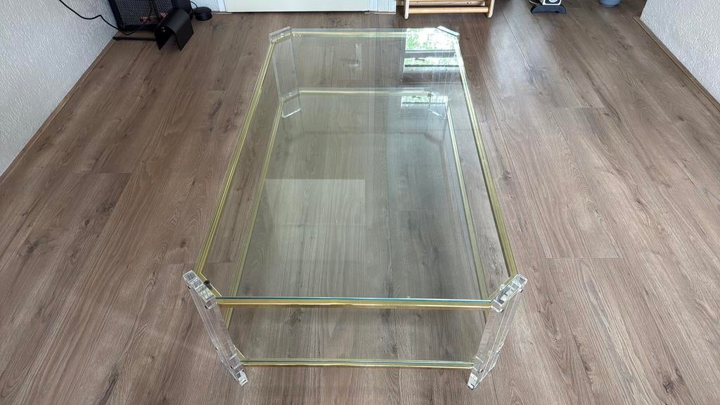 Vintage Pierre Vandel stijl glazen salontafel lucite/acryl, Ophalen, Overige materialen, Gebruikt, 100 tot 150 cm