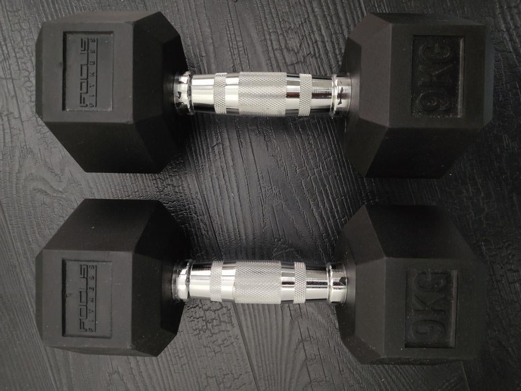 2x Focus Fitness Hexa Dumbbells 9 kg, Ophalen of Verzenden, Zo goed als nieuw, Overige typen
