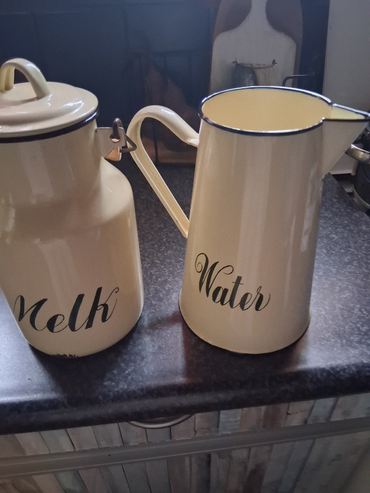 Vintage emaille melkbus en waterkan set, Ophalen