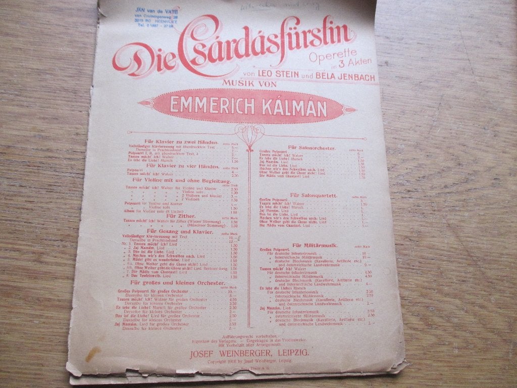 Die Csardasfürstin - Emmerich Kálmán bladmuziek, Gebruikt, Klassiek, Ophalen of Verzenden, Artiest of Componist