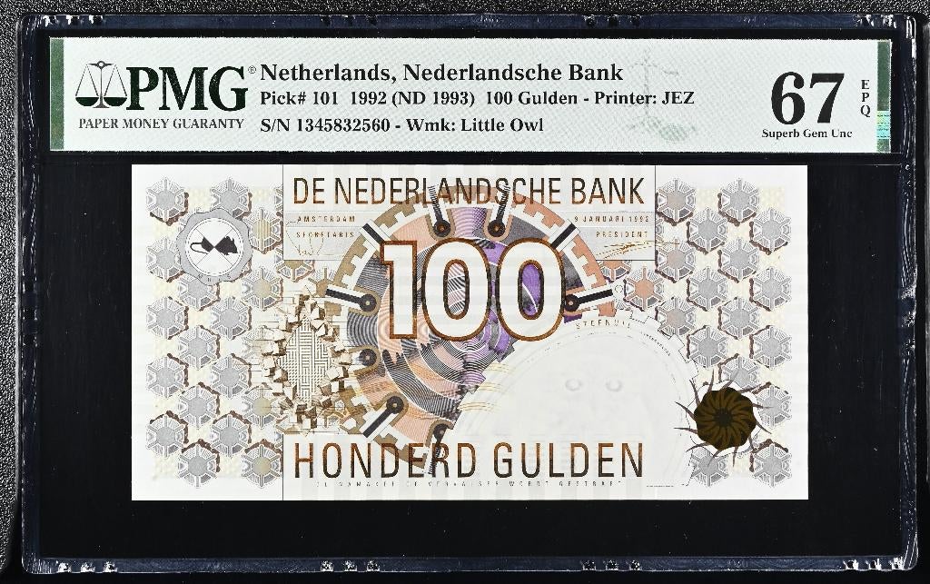 UNC biljet 100 gulden Steenuil, 1992 | PMG 67 EPQ, Ophalen of Verzenden, 100 gulden