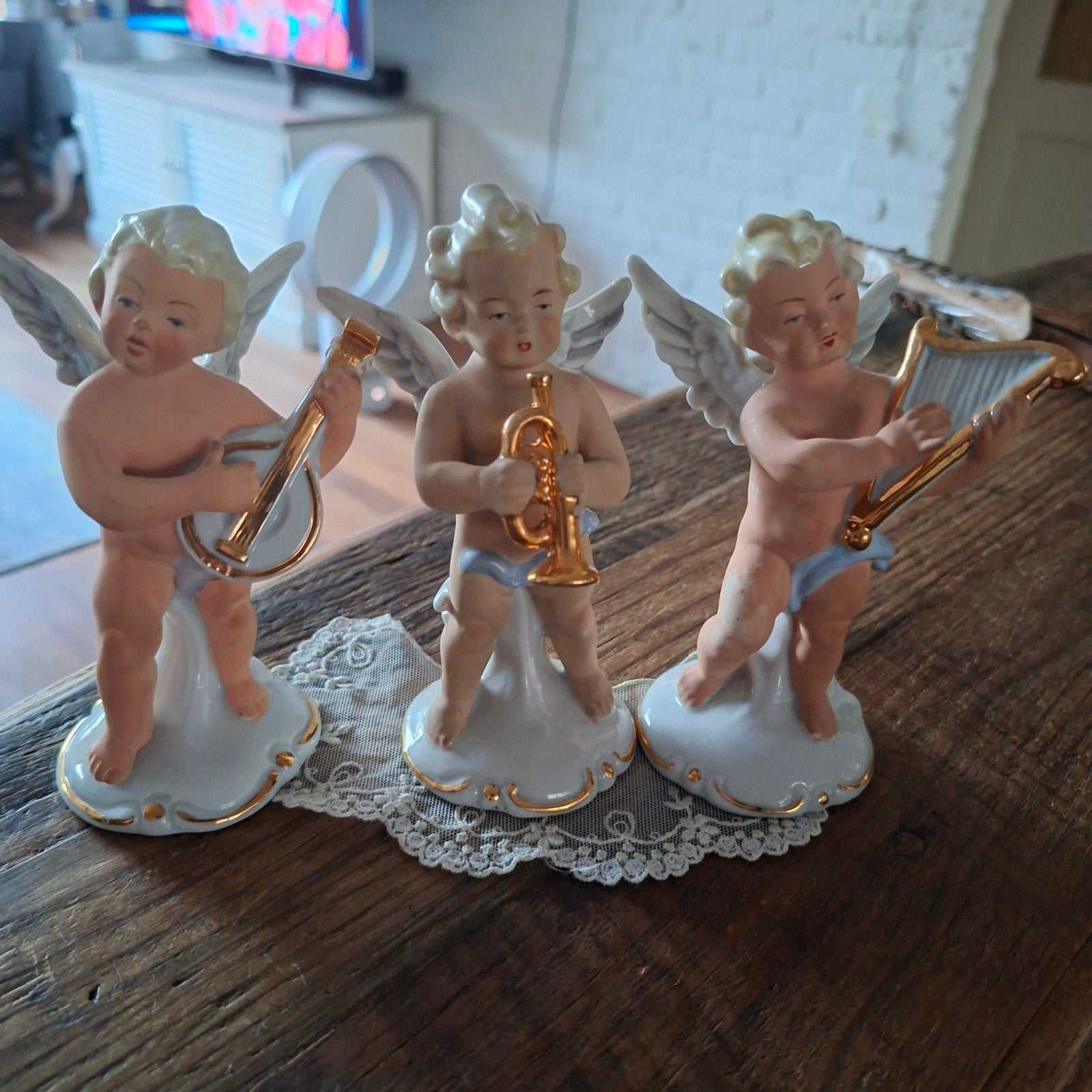 3 Antieke Putti Beeldjes met Muziekinstrumenten  13x6 cm, Antiek en Kunst, Ophalen of Verzenden