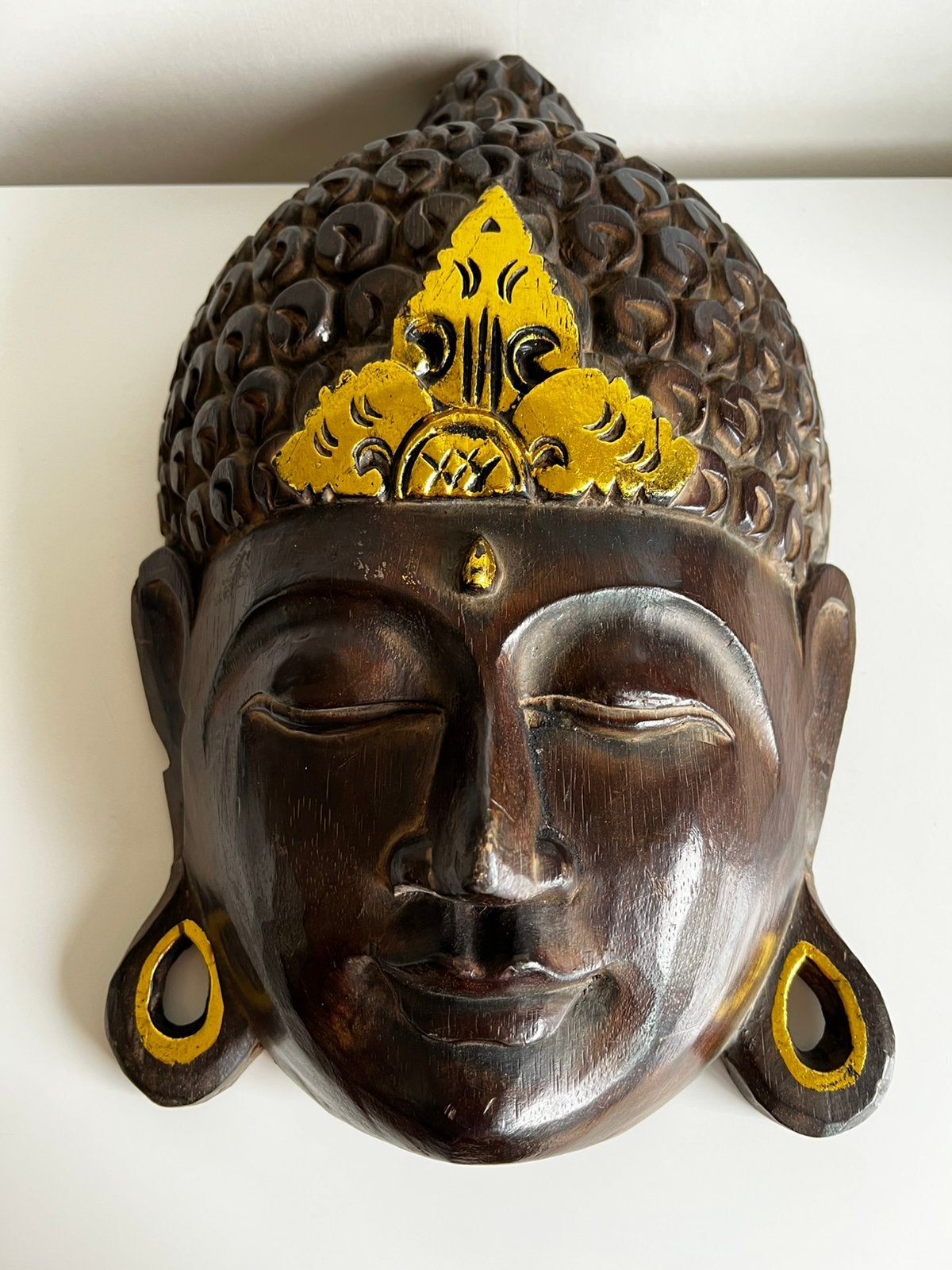 Vintage XL Houten Boedha Budha Wand Masker Goudaccenten, Ophalen of Verzenden, Zo goed als nieuw, Hout