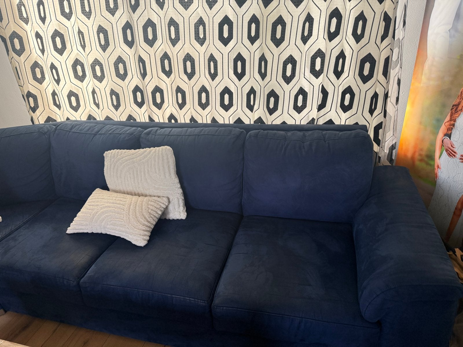 Comfortabele donkerblauwe hoekbank, Gebruikt, 100 tot 125 cm, Hoekbank, 300 cm of meer