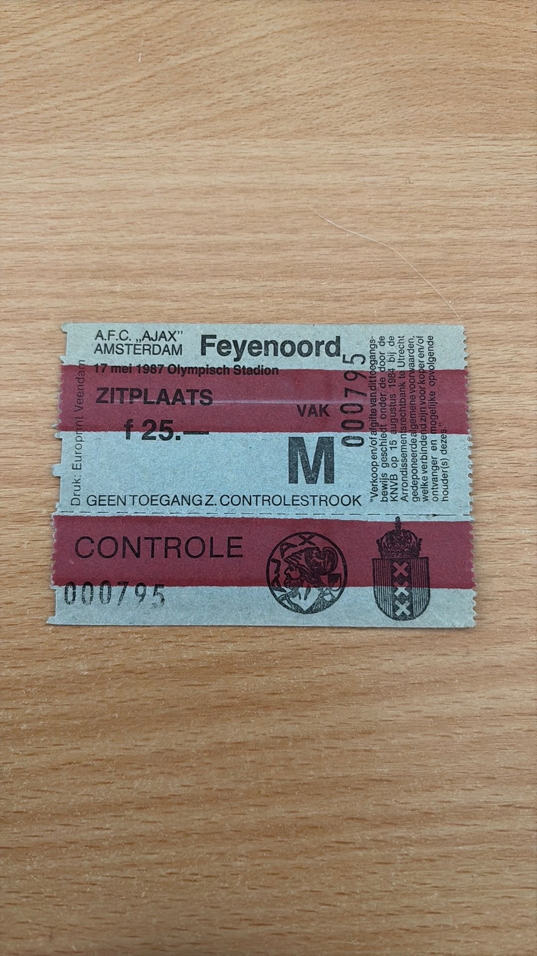 Ticket Ajax Feyenoord 1987 ongebruikt, Ophalen, Gebruikt, Ajax, Overige typen