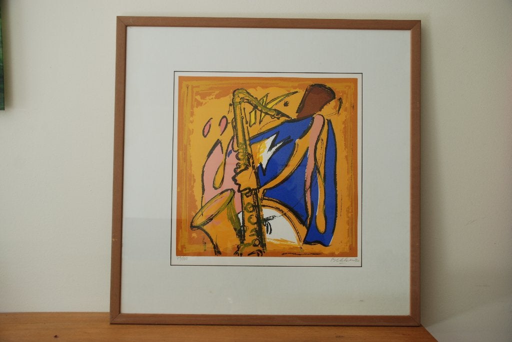 Jazzy saxofoon, Antiek en Kunst, Kunst | Schilderijen | Klassiek, Ophalen, Realistisch, Print, Overige onderwerpen