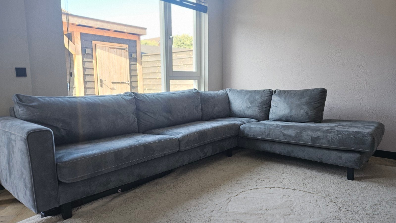 Hoekbank blauw/grijs 335x225 microleder, Ophalen, Gebruikt, Leer