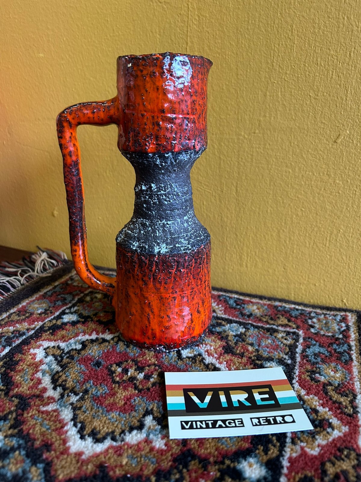 Vintage jaren 60/70 keramieken grijs oranje vaas met oor, Ophalen of Verzenden, Huis en Inrichting
