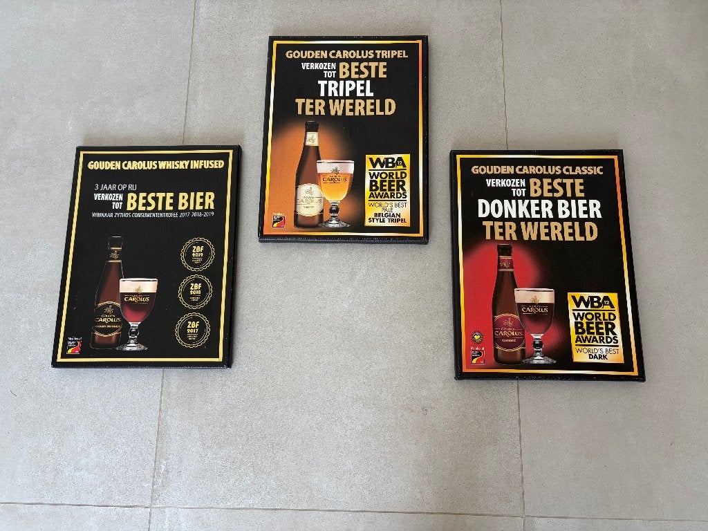 Set van 3 Gouden Carolus reclame canvassen – 30 x 40 cm, Verzenden, Gebruikt, Reclamebord, Plaat of Schild, Overige merken
