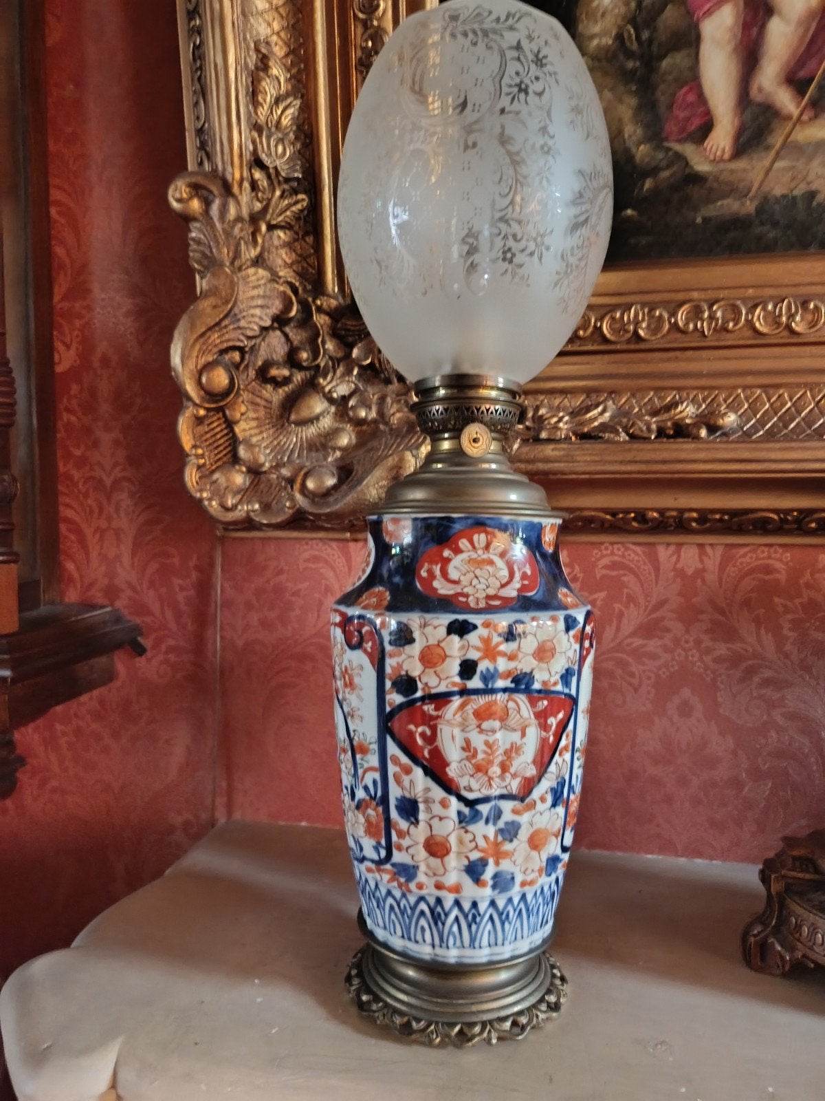 Antieke Imari Olie Lamp - Porselein en Messing, Antiek en Kunst, Ophalen of Verzenden