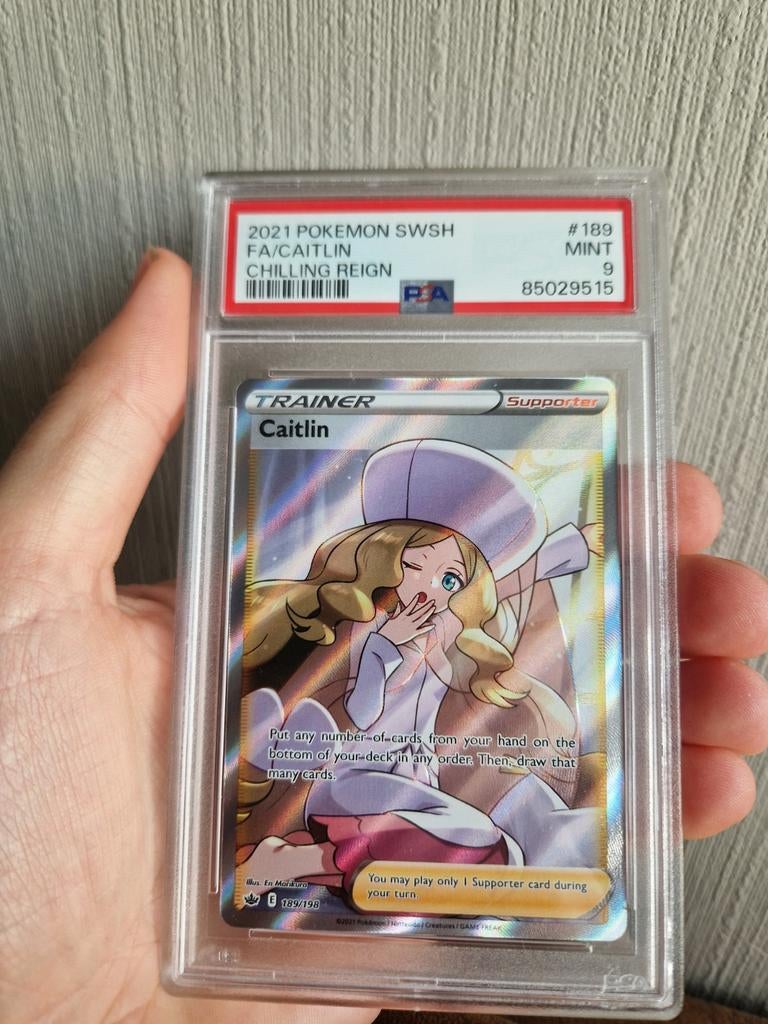 Pokemon Caitlin Full Art Trainer Kaart PSA 9 Chilling Reign, Ophalen of Verzenden, Zo goed als nieuw, Losse kaart