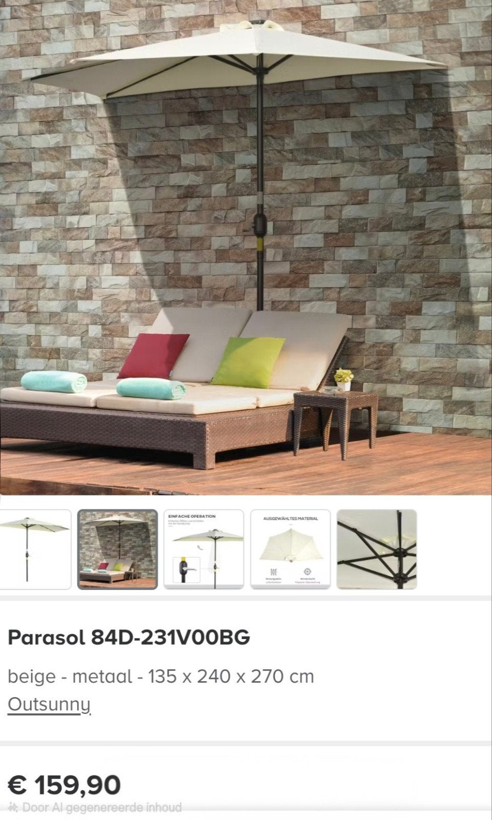 Outsunny Parasol Beige - Nieuw in doos, Ophalen, Verstelbaar, Nieuw, 2 tot 3 meter