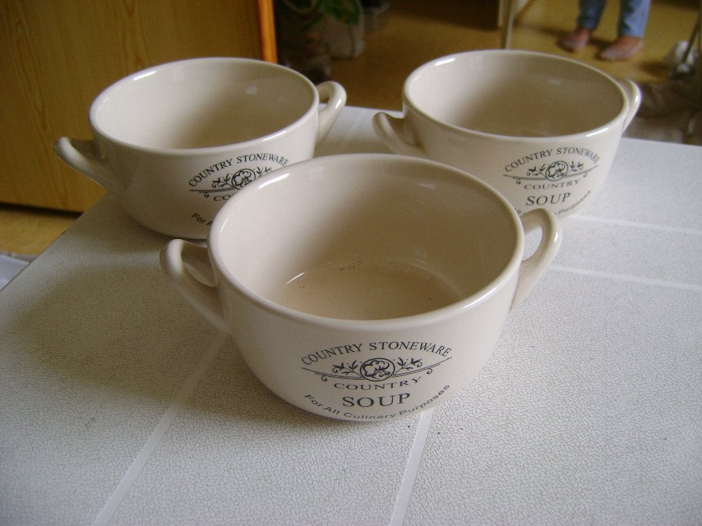 3soepkommen met oor 11rx6h met country stone ware erop xenos, Overige merken, Ophalen of Verzenden, Zo goed als nieuw, Kom(men)