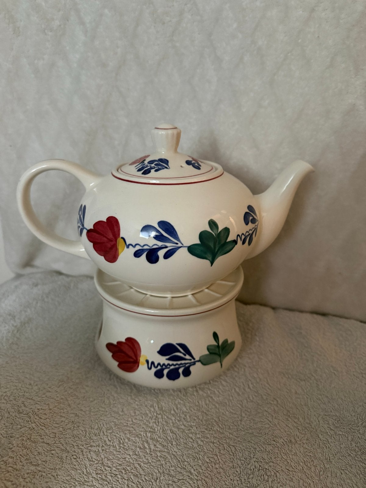 Boerenbont theepot met warmhouder, Zo goed als nieuw, Steen/keramiek, Meerkleurig, Overige merken