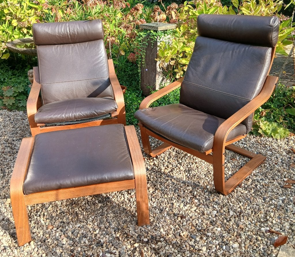 2 IKEA poang stoelen leder en voetenbank, Ophalen, Gebruikt, 50 tot 75 cm, Hout